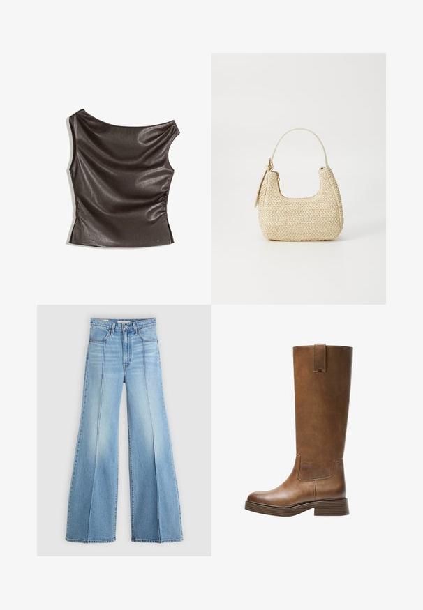 Aszimmetrikus, egy vállon hordható felső sötét barna műbőrből; gyűrt oldalrész; sima textúra enyhe fénylőséggel; testhez simuló kialakítás.; Világoskék, magas derekú farmernadrág széles lábakkal, elülső és hátsó zsebekkel, övbújtatókkal, és függőleges varráselemekkel az elején.; Barna bőr, térd fölé érő csizma kerek orral, texturált felülettel és alacsony, stakolt sarokkal. Oldalsó panel és húzóhurok található a tetején.; Bézs színű, fonott szalmakézitáska ívelt formával, rövid fogantyúval és oldalsó cipzárral. Texturált felülettel és minimalista dizájnnal rendelkezik.