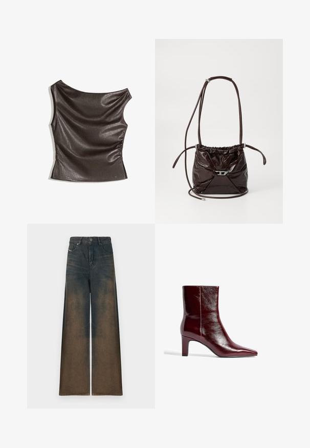 Asymetryczny top na jedno ramię w ciemnym brązowym ekologicznej skórze; marszczony detal po bokach; gładka textura z delikatnym połyskiem; dopasowany krój.; Jeansy typu wide-leg w ciemnym denimu, z gradientowym przejściem od ciemnego do jasnobrązowego, z klasycznym pięciokomorowym wzorem i metalowym zapięciem na guzik.; Bordowe skórzane botki za kostkę z szpiczastym noskiem, eleganckim designem i średnim blokowym obcasem. Gładka tekstura i minimalne detale szwów.; Ciemnobrązowa, błyszcząca skórzana torba na ramię z marszczoną górą i cienkim, regulowanym paskiem, z małym srebrnym zapięciem z przodu.