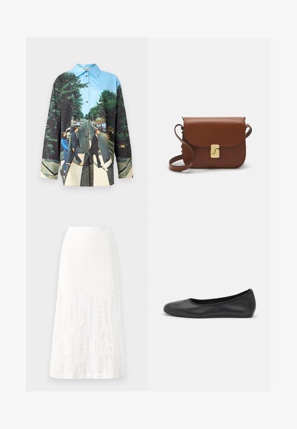 Alice + Olivia FINELY LONG SHIRT - Overhemdblouse - multi coloured; Gehaakte witte midi rok met een textuurpatroon met verticale lijnen en uitsparingen nabij de zoom. Elastische tailleband. Zacht materiaal.; Zwarte leren ballerina met een ronde neus, gladde textuur, minimale stikdetails en een flexibele zoolontwerp.; Bruine leren handtas met een klep sluiting, gouden hardware, een schouderband en een gladde textuur. Compact rechthoekige vorm.