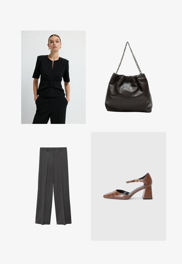 Czarny krótki rękaw top z dekoltem w kształcie łezki i dopasowaną talią z prostokątną klamrą. Gładki, strukturalny materiał o matowym wykończeniu.; Szare spodnie szerokie w nogawkach o gładkiej fakturze, z plisowanym przodem i szlufkami na pasek. Wykonane z lekkiego, tkane materiału.; Brązowy lakierowany zamszowy szpilki z kwadratowym noskiem, teksturowanym wzorem krokodyla, paskiem na kostkę z złotą klamrą i masywnym obcasem.; Brązowa skórzana torba z marszczonym szczytem i łańcuszkowym paskiem. Gładka tekstura z błyszczącym wykończeniem i subtelnymi detalami szwów po bokach.