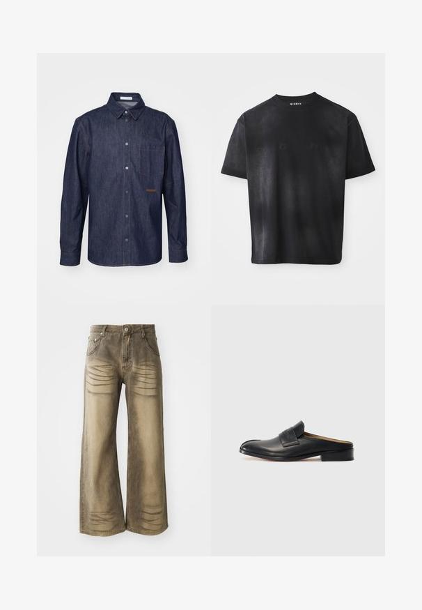 Tmavomodrá denimová košela s gombíkovým zapínaním, špicatým golierom, jednou náprsní kapsou a kontrastným prešívaním.; Čierne tričko s krátkym rukávom a okrúhlym výstrihom so subtílnym tónovým brandingom "MISBHV" na hrudi a etiketu vo vnútornom golieri.; Džínsy s širokými nohavicami vo vyblednutej hnedej farbe, s detailmi whiskering, zapínaním na gombík a dizajnom s piatimi vreckami. Hladká denimová textúra.; Čierne kožené šľapky s okrúhlou špičkou, nízkym blokovým podpätkom a predným remienkom. Hladká textúra s jemným detailom loga na remienku.