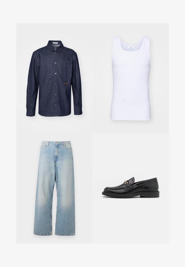Sötét farmering, gombos elülső résszel, hegyes gallérral, egyetlen mellzsebbel és kontrasztos varrási részletekkel.; Fehér pamut ujjatlan trikó kerek nyakkivágással, sima textúrával és testhezálló fazonnal, amelyet hétköznapi viseletre terveztek.; Világoskék, széles lábú farmernadrág, magas derékkal, elülső zsebekkel és enyhén kopott mosással, amelyen finom kopások láthatók a comboknál.; Fekete bőr loaferek, lekerekített orral, aranyszínű fémrész és varrási részletek díszítik, alacsony, strukturált gumitalpon.