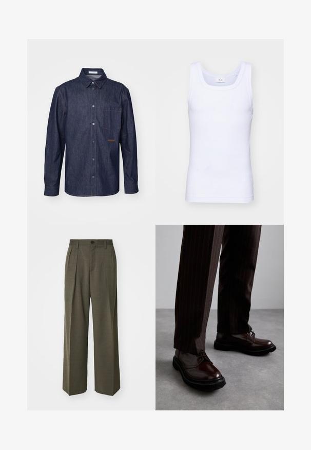 Chemise en denim foncé avec un devant boutonné, un col pointu, une poche poitrine unique et des détails de couture contrastants.; Débardeur sans manches en coton blanc avec un col rond, présentant une texture lisse et une coupe ajustée, conçu pour un usage décontracté.; Filippa K WIDE TROUSERS - Pantalon classique - driftwood; Chaussures en cuir marron à lacets avec une finition brillante, semelle en caoutchouc noire et coutures discrètes. Portées avec un pantalon marron à rayures.