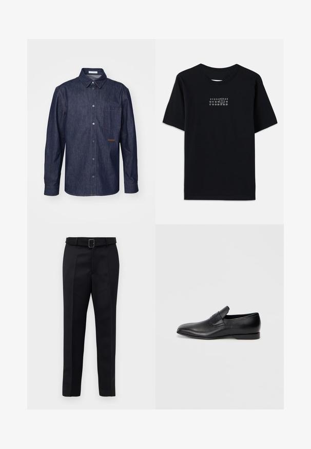 Tumši denima krekls ar pogu aizdari, uzsistu apkakli, vienu krūšu kabatu un kontrastējošiem šuvuma akcentiem.; Melnas kokvilnas t-krekls ar īsām piedurknēm un apaļu kakla izgriezumu. Uz krūtīm atrodas balts skaitlis ar stilizētu '6'.; Melni piegriezti bikses ar gludu audumu, taisnu piegriezumu un jostu ar taisnleņķa sprādzi. Pamanāmie priekšējie iegriezumi uzlabo dizainu.; Melna ādas slēgta kurpe ar smailu purngalu, gludu virsmu un diskrētu zīmolu uz sāniem. Zems papēdis ar tīru, minimālistisku dizainu.