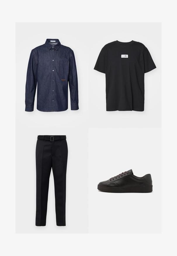 Tumman denim-paita, jossa on napitettava etuosa, terävä kaulus, yksi rintatasku ja kontrastiväriset ompeluyksityiskohdat.; Musta puuvillapaita, jossa on pyöreä kaula-aukko, lyhyet hihat ja suorakulmainen valkoinen etiketti, jossa on numeroita ja graafinen kuvio.; Mustat räätälöidyt housut on valmistettu sileästä kankaasta, niissä on suora leikkaus ja vyötäröllä solki, jossa on suorakulmainen muoto. Huomattavat etu taitteet parantavat muotoilua.; Mustat nahkakengät, joissa on pyöristetty kärki, teksturoitu pinta, ruskeat nauhat ja paksu musta kumipohja. Minimalistinen muotoilu, ei näkyviä logoja.