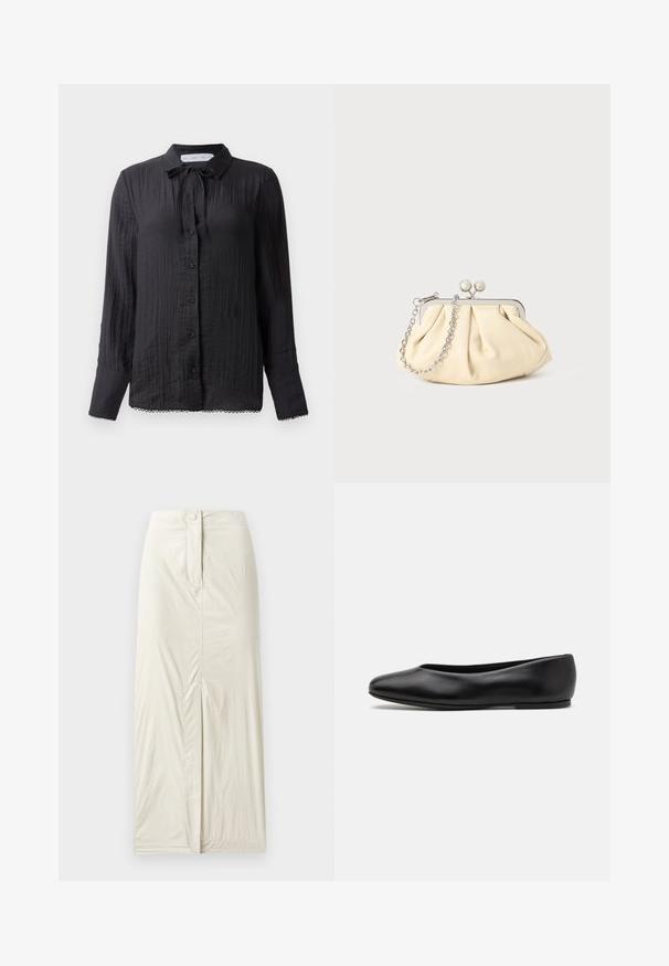 Black button-up blouse with a tie-neck detail, textured fabric, long sleeves, and lace trim at the hem. Buttons are black and glossy.; Light beige, knee-length skirt made of smooth, textured fabric. Features a front slit and a button closure at the waist.; Paul Smith TOPANGA - Ballet pumps - black; Pleated beige leather clutch with a silver metal frame, featuring two round decorative clasps and a silver chain strap.