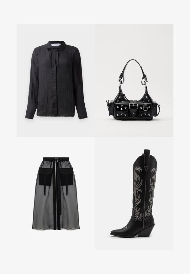 Black button-up blouse with a tie-neck detail, textured fabric, long sleeves, and lace trim at the hem. Buttons are black and glossy.; Black sheer skirt with a gathered waistband, featuring two large front pockets, a waist tie, and a circular metal accent.; Black leather cowboy boots with pointed toes, wedge heels, and silver embroidered floral patterns along the shaft. Contrast stitching throughout.; Black leather handbag with a curved design, featuring silver studs, a buckle, and two side pockets. Adjustable strap for carrying options.