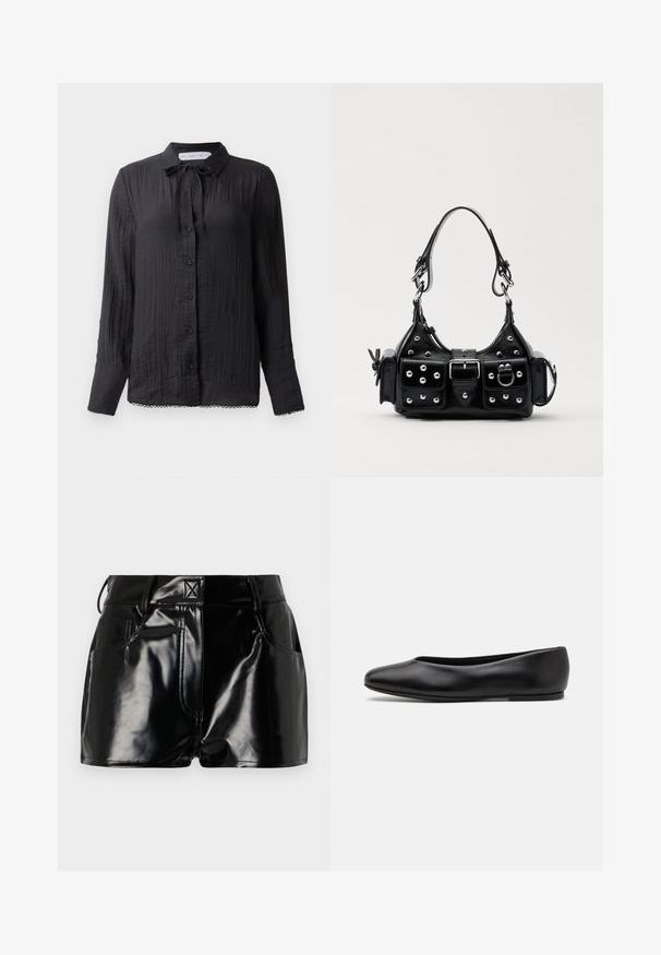 Black button-up blouse with a tie-neck detail, textured fabric, long sleeves, and lace trim at the hem. Buttons are black and glossy.; Black, glossy shorts made of synthetic material. Features a fitted waist, belt loops, and front pockets with prominent stitching details.; Paul Smith TOPANGA - Ballet pumps - black; Black leather handbag with a curved design, featuring silver studs, a buckle, and two side pockets. Adjustable strap for carrying options.