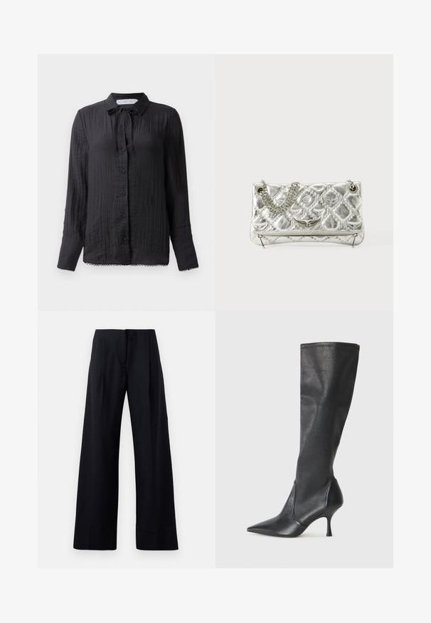 Blusa preta de botão com detalhe de laço no pescoço, tecido texturizado, mangas longas e remate em renda na bainha. Os botões são pretos e brilhantes.; Calças pretas com riscas, de pernas largas, apresentando pregas nítidas e um acabamento limpo. Feitas de um tecido leve e suave.; Botas de couro pretas até ao joelho, com bico apontado e um salto stiletto fino. Textura suave com design ajustado e costura na borda superior.; Bolsa metálica prateada com pega de corrente, textura acolchoada, costura decorativa e fecho com ziper. Apresenta detalhes em relevo na parte frontal.