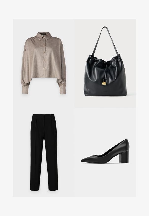 DRYKORN FLANNA - Button-down blouse - brown; Black tailored trousers with a straight fit, pleated front, polished fabric, and a medium waistband. No visible pockets or hardware details.; Black leather pump with a pointed toe and a chunky square heel. Smooth texture, simple design, suitable for formal settings.; Black leather drawstring bag with a smooth texture, gathered top, and subtle gold hardware. Features a single sturdy strap and embossed logo.