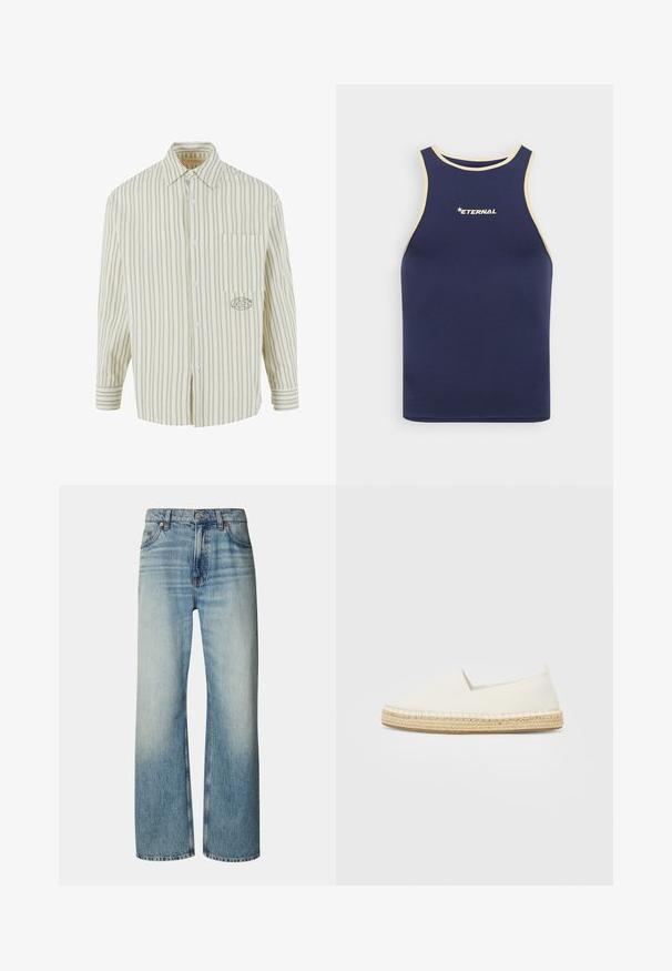 Camicia a righe verde chiaro e bianco con bottoni frontali, taschino sul petto e logo ricamato sul lato sinistro. Materiale in cotone, maniche lunghe.; Canottiera senza maniche blu navy con rifiniture beige, caratterizzata da un logo bianco "ETERNAL" al centro, realizzata in un tessuto liscio ed elastico.; Jeans in denim azzurro chiaro con taglio a gamba larga, caratterizzati da un lavaggio sbiadito, design a cinque tasche e chiusura con bottone metallico in vita.; Espadrilla bianca in tela con suola in corda di juta, punta rotonda e lati elasticizzati per un facile indossamento. Design piatto, stile minimalista.