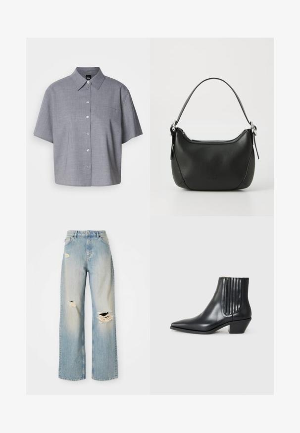 Gray short-sleeve shirt made of lightweight fabric, featuring a collar, button-down front, a single chest pocket, and a relaxed fit.; Gray sleeveless turtleneck top, body-hugging fit, ribbed texture, smooth fabric, features high neck and stylish shoulder cutouts.; Light blue straight-leg jeans with high waist, belt loops, and distressed rips on the left thigh, right knee, and lower left leg.; Black leather ankle boot with pointed toe, elastic side panels with vertical grooves, and a low block heel. Smooth texture and sleek design.; Black leather handbag with a curved shape, silver zipper, and a short handle. Features a subtle logo on the front and smooth texture.