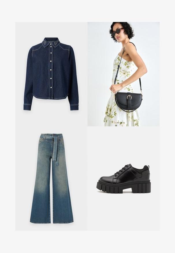 JDY JDYBELLA SHIRT - Button-down blouse - dark blue denim; Wide-leg denim trousers featuring a light to dark blue gradient, high waist, belt loops, and a matching fabric belt. Textured denim finish.; Black leather platform shoes with a chunky block heel, round toe, and traditional lace-up design. Features smooth texture and minimal detailing.; Black leather handbag with a curved shape, detachable strap, and gold hardware. The bag features a flap with a buckle detail.