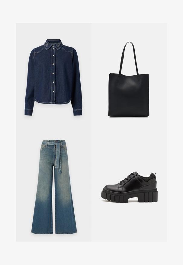 JDY JDYBELLA SHIRT - Button-down blouse - dark blue denim; Wide-leg denim trousers featuring a light to dark blue gradient, high waist, belt loops, and a matching fabric belt. Textured denim finish.; Black leather platform shoes with a chunky block heel, round toe, and traditional lace-up design. Features smooth texture and minimal detailing.; Black leather tote bag with smooth texture, rectangular shape, and two long handles. No visible hardware or embellishments.