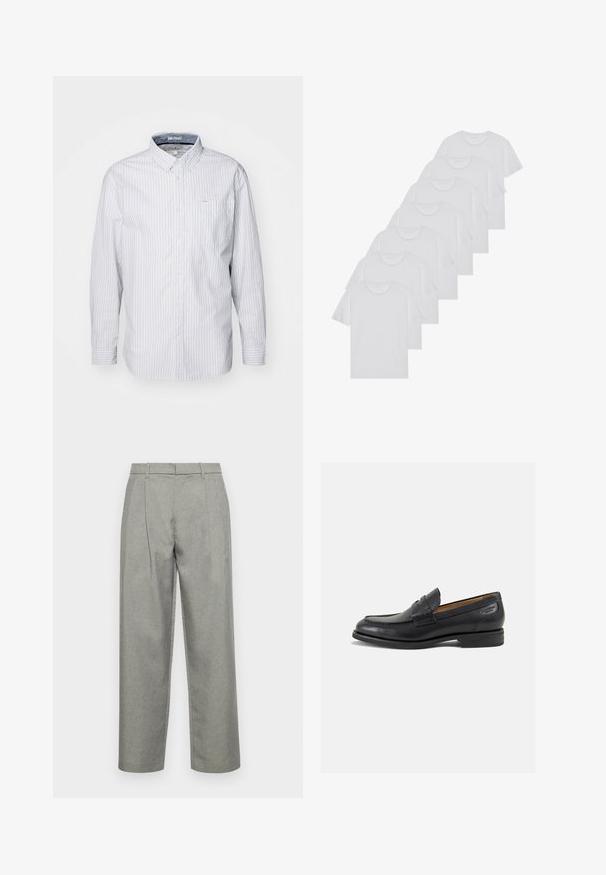 Camisa de botones de manga larga en azul claro con rayas blancas. Presenta un collar, un bolsillo en el pecho y está hecha de un material de algodón suave.; Camisetas de algodón blancas, de manga corta, con diseño de cuello redondo, textura lisa, apiladas en una fila, con un sutil logo en el cuello.; Pantalones gris ajustados hechos de tela texturizada, con un diseño de pierna recta, pliegues frontales y una cinturilla estándar con lazos para cinturón.; Mocasines de cuero negro con un acabado suave, punta redondeada y costuras decorativas en la parte superior. Tacón bajo apilado y un ligero brillo.