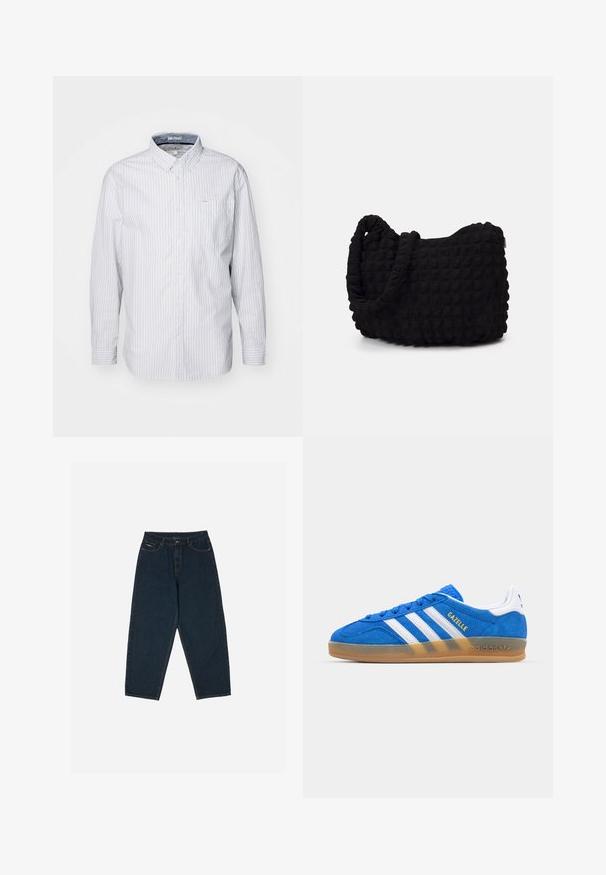 Dlhý rukáv košeľa s gombíkmi vo svetlomodrej farbe s bielymi prúžkami. Má golier, náprsné vrecko a hladký bavlnený materiál.; Tmavomodré džínsy s vysokým pásom a uvoľneným strihom, s piatimi vreckami a zapínaním na gombík. Vyrobené z denimu s hladkou textúrou.; Modré semišové tenisky s bielymi pruhmi a textom "Gazelle". Obsahuje základňu z gumovej gumy a texturované detaily na hornej časti. Klasický dizajn.; Čierna látková taška s textúrovaným, prešívaným vzorom. Zaoblený tvar, krátke, hrubé rúčky a mäkká, flexibilná konštrukcia.