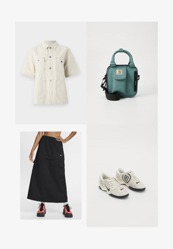 Camicetta a maniche corte in tessuto beige chiaro, con colletto a punta, bottoni frontali, due tasche sul petto e una piccola patch con logo a sinistra.; Gonna maxi nera sportiva con vita elastica, dotata di una tasca frontale e logo Nike. Indossata con scarpe da ginnastica colorate.; Sneakers Nike con una parte superiore testurizzata beige e grigia, dettagli neri, un grande logo "90" e una chiusura con lacci bianchi. Suola nera.; Borsa a tracolla in tessuto color turchese con manici corti, tasca con zip, tasca anteriore con patta, tracolla regolabile e logo Carhartt sul davanti.