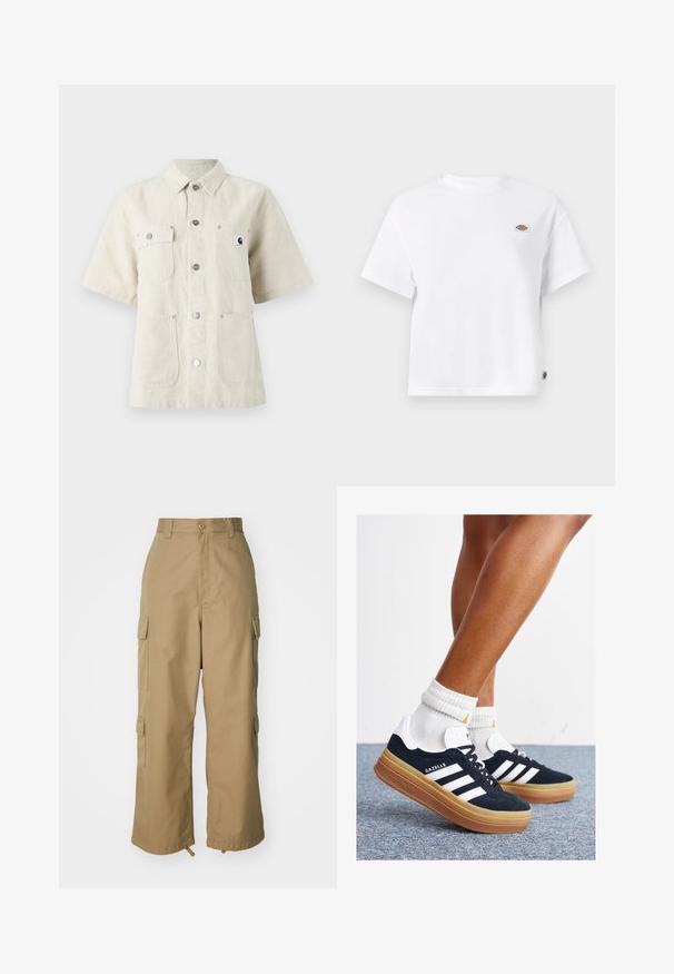 Camisa de manga curta em tecido bege claro, com colarinho pontudo, botões frontais, dois bolsos no peito e um pequeno logotipo na esquerda.; T-shirt de algodão branco com um corte relaxado, apresentando um pequeno logótipo na parte do peito e uma etiqueta na lateral para um detalhe adicional.; Calças cargo bege com uma cintura alta, pernas largas e quatro grandes bolsos laterais. Feitas de um tecido resistente com uma textura suave e minimalista.; Ténis de camurça preta com riscas e detalhes brancos, biqueira arredondada, sola em borracha cor de goma, combinados com meias brancas caneladas até à altura do tornozelo.