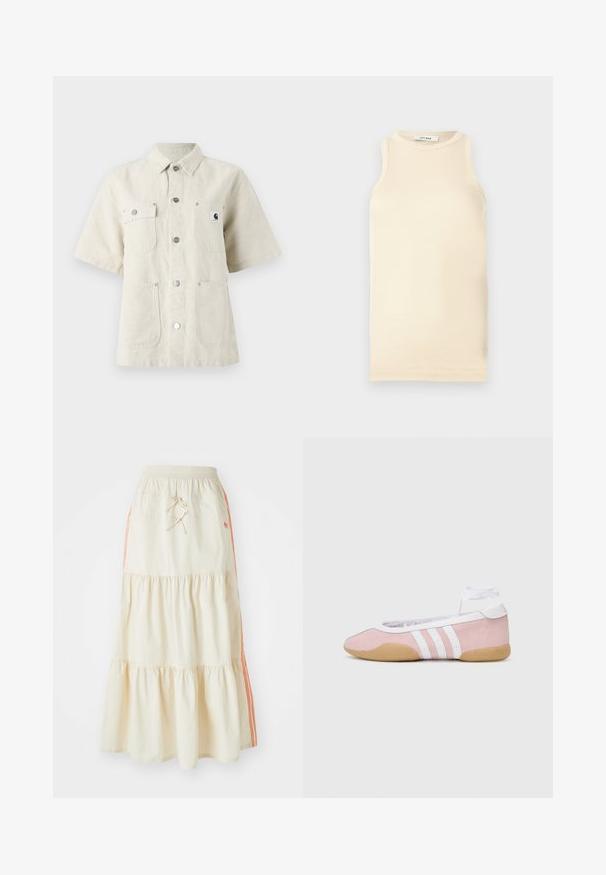 Rövid ujjú ing világos bézs anyagból, hegyes gallérral, elülső gombokkal, két mellzsebbel és egy kis logóval a bal oldalon.; Fény bézs, ujjatlan felső, bordázott anyagból, kerek nyakkivágással és karcsúsított fazonnal. Simaszerkezet minimális varrásokkal.; Tejfehér, réteges midi szoknya elasztikus derékkal és húzózsinórral. Narancssárga oldalsávokkal és puha, sima pamut textúrával rendelkezik.; adidas Originals TAEKWONDO MEI BALLET - Sportcipő - clear pink/ftwr white/gum