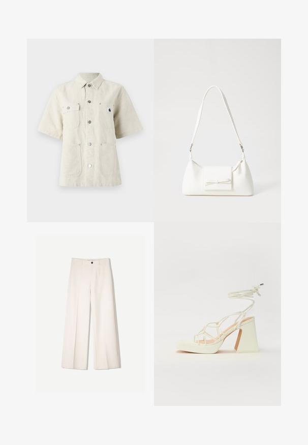 Rövid ujjú ing világos bézs anyagból, hegyes gallérral, elülső gombokkal, két mellzsebbel és egy kis logóval a bal oldalon.; Tejbézs széles lábú nadrág, szabott kialakítással, két elülső zsebbel és egyetlen elülső gombos záródással, sima anyagból készült.; Fehér, magassarkú szandál vastag sarokkal, pántos dizájnnal és bokapánttal. Sima textúra, elülső platformmal a megnövelt magasság érdekében.; Fehér szintetikus kézitáska, háromszög alakú, lapos előlap, masni részlettel, állítható pánttal, sima textúrával és minimalista dizájnnal.