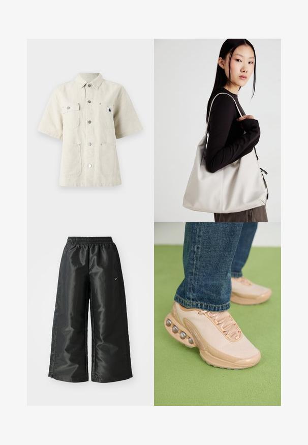 Short-sleeve shirt in light beige fabric, featuring a pointed collar, front buttons, two chest pockets, and a small logo patch on the left.; Black athletic pants with a shiny, smooth fabric, featuring an elastic waistband, wide legs, and a small logo on the left side.; Light beige athletic shoes feature a mesh upper, rubber sole, and rounded accents with metallic details. Worn with blue jeans on a green surface.; Beige handbag made of soft material, featuring a slouchy design, stitched detailing, and two shoulder straps. Suitable for everyday use.