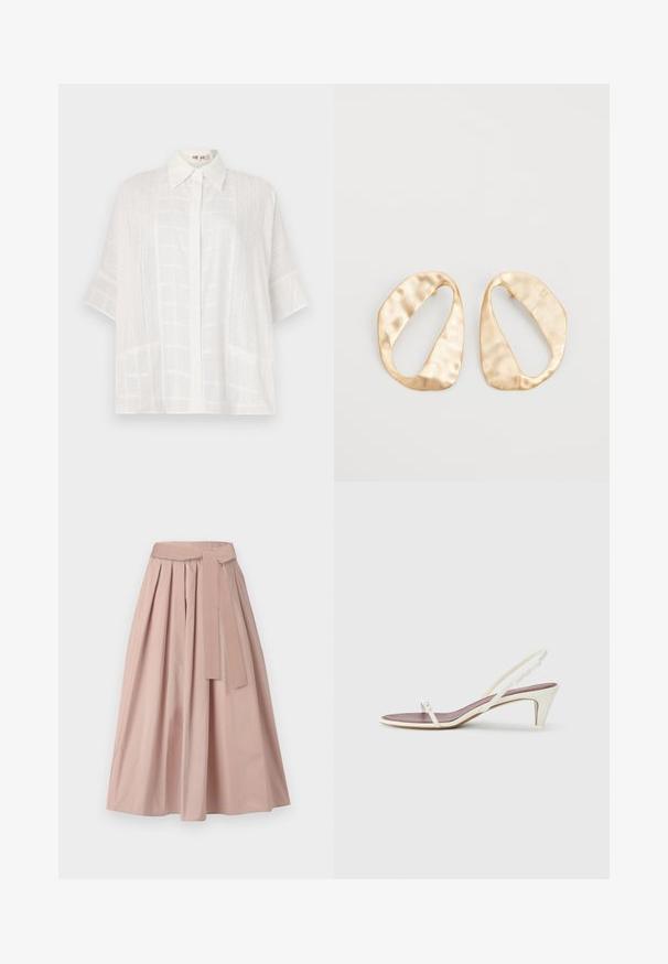 White short-sleeve shirt featuring a button-up front, subtle textured patterns, and a relaxed fit, crafted from lightweight fabric.; Pink midi skirt made of structured fabric, featuring pleats, a tied waist belt, and an A-line silhouette. Smooth texture with no visible patterns.; White slingback sandals with a slight heel, thin straps, and a smooth leather texture; features a small decorative buckle.; Pair of irregular oval-shaped gold-toned metal earrings with a textured, slightly hammered surface on a white background.