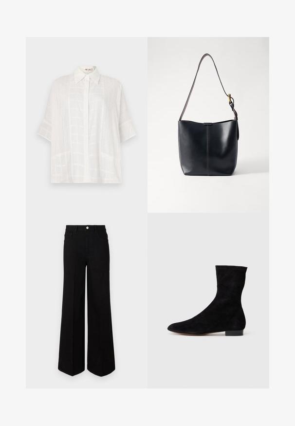 Camicia bianca a maniche corte con chiusura a bottoni, modelli testurizzati discreti e una vestibilità rilassata, realizzata in tessuto leggero.; Jeans neri a gamba larga realizzati in tessuto resistente, con vita alta, tasche frontali e chiusura con bottone anteriore. Orlo piatto sul fondo.; Stivale alla caviglia in suede nero con gambale aderente, punta affusolata e tacco a blocco basso. Texture liscia e design minimalista, adatto per uno stile versatile.; Borsa a spalla in pelle nera con una texture liscia, dotata di una sottile tracolla lunga e di un sottile dettaglio cucito al centro.