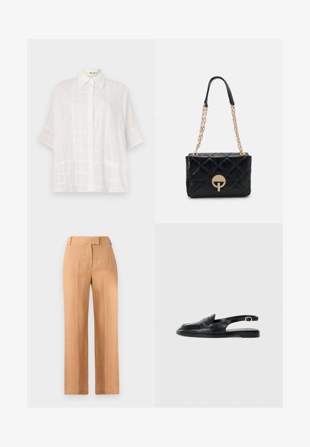 Biała koszula z krótkim rękawem z zapięciem na guziki, subtelnymi wzorami teksturowymi oraz luźnym krojem, wykonana z lekkiego materiału.; Jasnobrązowe lniane spodnie o prostym kroju, z dwoma fałdami z przodu i płaskim pasem. Bez widocznych kieszeni czy detali z metalowymi elementami.; Czarne skórzane buty typu slingback z okrągłym noskiem, płaską podeszwą, bocznym wycięciem i paskiem z detalem w złotym odcieniu.; Czarna pikowana skórzana torebka z złotym łańcuchem, z okrągłym zapięciem. Kompaktowy prostokątny kształt o gładkiej fakturze.