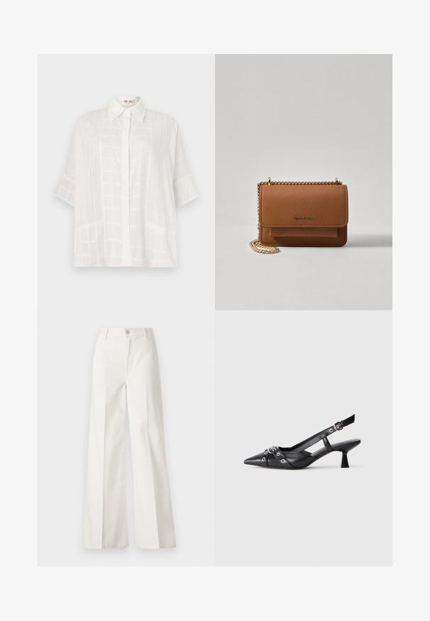 Valge lühikeste varrukatega särk, millel on nööbiga eesmine sulg, peened tekstuurilised mustrid ja lõdvestatud lõige, valmistatud kergest kangast.; Valged laiade jalgadega püksid, mis on valmistatud siledast puuvillast. Omab esitallist ning lukuga sulgemist ja nelja tasku disaini.; Must must have must toote tõmblukuga, dekoratiivsed rihmad metallist silmadega ja madal blokk-kand. Tekstureeritud pind.; Pruun tekstureeritud nahk ristkeha kott kuldse ahelaga rihmaga ja klapiga sulgemine. Esiküljel on logo detail ja tasku klapi all.