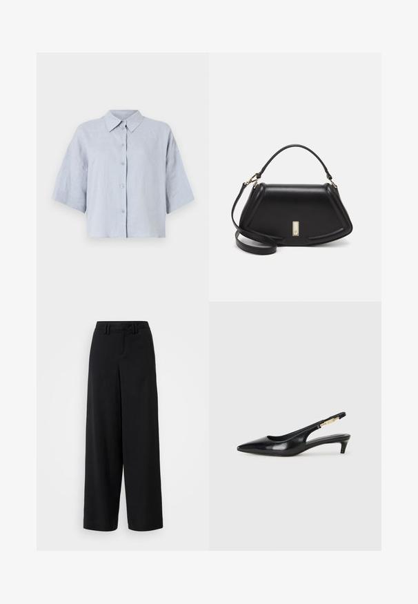 Light blue short-sleeved collared shirt made of linen, featuring a button front and a relaxed, boxy fit. Smooth texture with subtle weaving.; Black wide-leg trousers made of smooth fabric, featuring a flat-front design, pleated details, and belt loops at the waistband.; Black leather slingback heels with a pointed toe, featuring a slim heel and a gold-tone accent on the adjustable strap. Smooth texture.; Black leather handbag with a structured design, featuring a cropped shape, top handle, and gold hardware accent. Adjustable shoulder strap included.