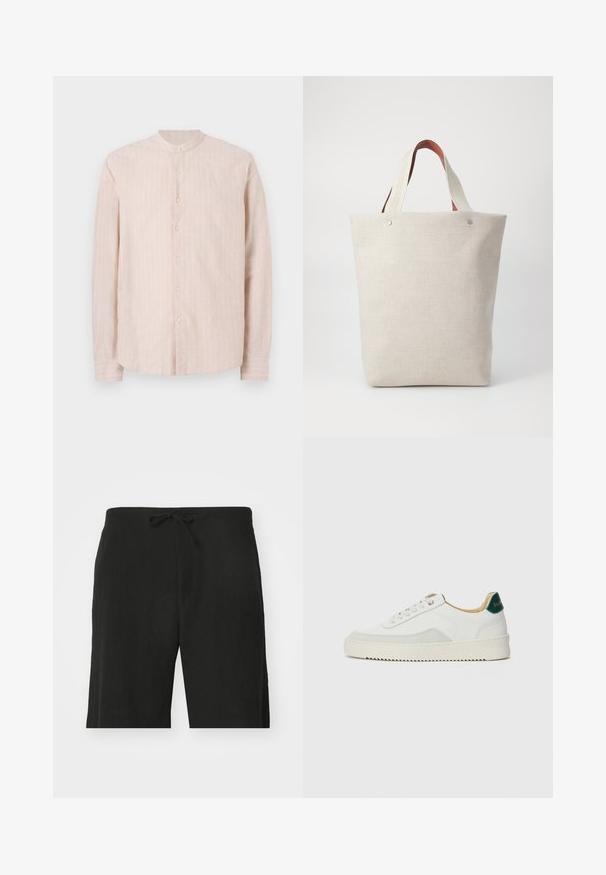 Lys rosa skjorte med knapper og stående krage, med vertikale hvite striper, lange ermer og rett fald. Stoffet ser teksturert ut.; Svarte linshorts med snor i livet, med en avslappet passform og knelengde. Glatt tekstur, enkel og klassisk stil.; Hvit sneakers med semsket detaljer, rund tå, flate snøringer og en kremfarget gummisåle. Har grønn merking på hælen.; Tote-veske i lys beige stoff med en teksturert overflate, med to kontrastfargede brune lærhåndtak og metallakenter på toppen.
