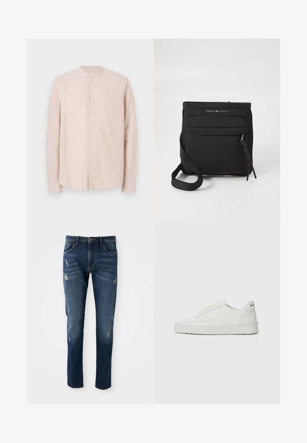 Light pink button-up shirt with a band collar, featuring vertical white stripes, long sleeves, and a straight hem. Fabric appears textured.; Dark blue denim jeans with slim fit, slight distressing on thighs and knees, classic five-pocket design, and button closure.; White leather sneaker with a smooth finish, round toe, flat laces, and a textured sole. Features a subtle logo on the heel.; Black Emporio Armani crossbody bag with front zipper pocket, adjustable strap, and logo detail on textured fabric.