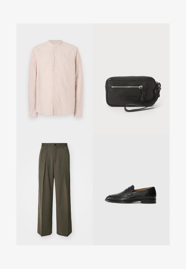 Chemise boutonnière rose clair avec col montant, présentant des rayures verticales blanches, à manches longues et à ourlet droit. Le tissu semble texturé.; Filippa K WIDE TROUSERS - Pantalon classique - driftwood; Mocassin en cuir noir avec un bout arrondi, des coutures subtiles et un talon bas, présentant une texture lisse et un design minimaliste.; Pochette en cuir noir avec surface texturée, poche zippée à l'avant et poignée amovible. Présente un patch logo sur le devant. Forme rectangulaire.