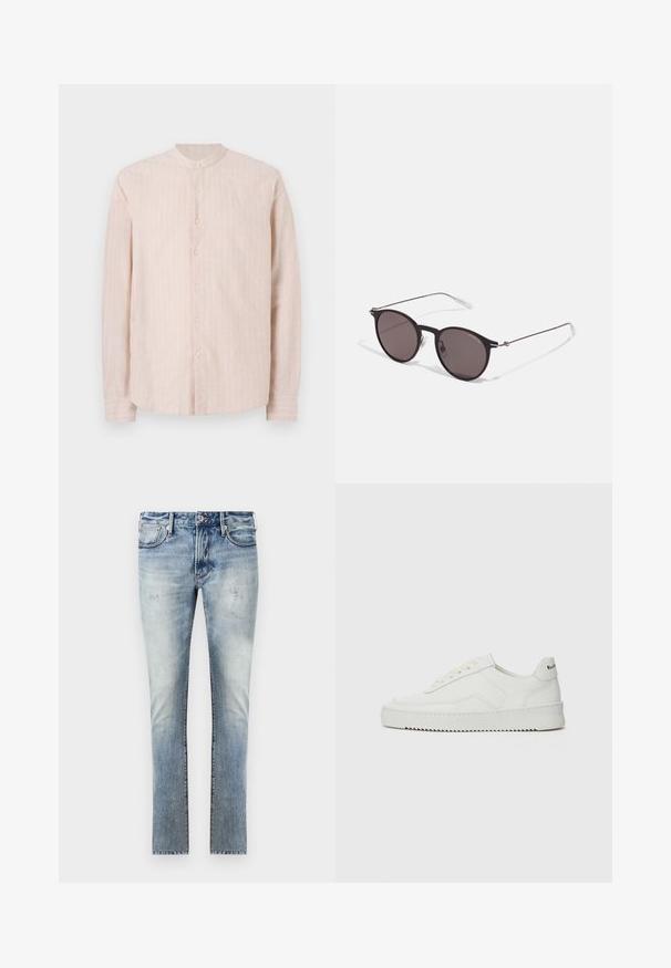 Šviesiai rožinė mygtukinė marškiniai su juostele ant kaklo, turintys vertikalių baltų dryžių, ilgomis rankovėmis ir tiesiu sijonu. Audinys atrodo tekstūruotas.; Šviesiai mėlyni džinsai su nuvalytu paviršiumi, aptemptas fasonas, penki kišenės ir kontrastingos siūlės.; Balti odiniai sportiniai bateliai su lygia apdaila, apvaliu pirštu, plokščiais raišteliais ir tekstūruotu padu. Pasižymi subtiliu logotipu ant kulno.; Juodos apvalios saulės akinių su tamsiais lęšiais ir plonomis metalinėmis šakomis. Įtraukti skaidrūs šventyklų galai ir sidabriniai akcentai vyrio srityje. Minimalistinis dizainas.