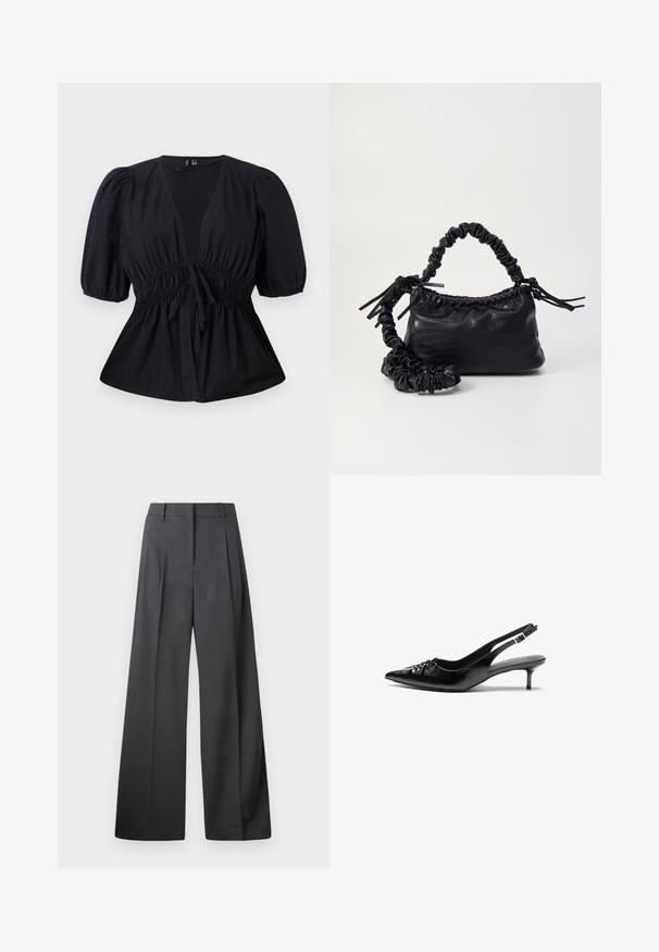 Svart bluse med v-hals, puffede ærmer, snøre i taljen og samlede teksturer. Lavet af letvægtsstof, der har en afslappet pasform.; Vide bukser i mørkegrått stoff med høy livlinje, enkel press, og en glatt tekstur med en ren finish på ermekantene.; Sorte skinnert remsandaler med spiss tå, liten kittenhæl og en dekorativ knute detalj foran. Glatt tekstur gjennom hele.; Svart faux skinn-håndveske med krokodilletekstur, strammet topp og en rynket stropp. Ser myk og kompakt ut i designen.