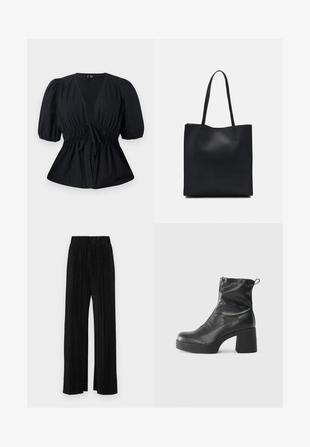 Blusa preta com decote em V, mangas bufantes, cintura ajustável com cordão e textura franzida. Feita de um tecido leve, apresenta um corte descontraído.; Calças pregueadas pretas com uma cintura elástica. Apresentam pernas largas e um tecido liso, texturizado com riscas verticais.; Botas de tornozelo pretas feitas de couro liso, com fecho lateral, salto grosso texturizado e design de bico arredondado.; Bolsa tote preta em couro com textura lisa, forma retangular e duas alças longas. Sem hardware ou enfeites visíveis.