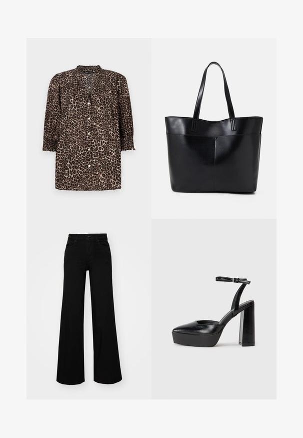 Leopard print shirt in brown and black tones, featuring a button-up front, ¾ sleeves with gathered details, and a round neckline.; Black wide-leg pants made of denim, featuring a structured waistband, belt loops, and front pockets. Smooth texture with a classic design.; Black platform heels with a pointed toe and adjustable ankle strap. Constructed from smooth leather, featuring a chunky block heel.; Black leather tote bag with two long handles, a smooth texture, and a structured shape. Features a front pocket for additional storage.