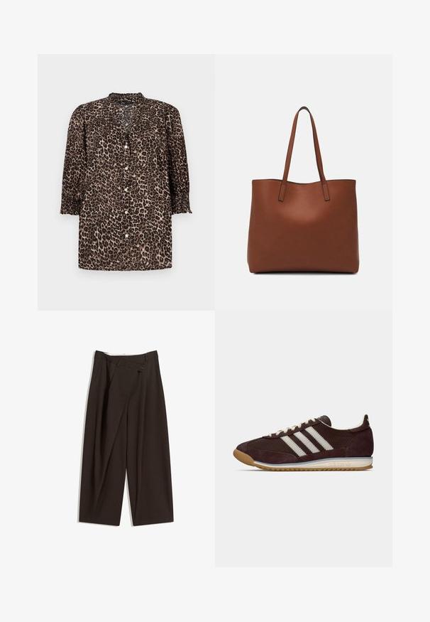 Cămașă cu imprimeu leopard în nuanțe de brun și negru, cu închidere cu nasturi, mâneci ¾ cu detalii plisate și gât rotund.; Pantaloni largi de culoare maron închis, cu talie înaltă, având închiere cu un singur nasture și un față pliată. Confectionați dintr-un material ușor.; Adidași cu profil jos, de culoare burgundă închisă, cu dungi albe, șireturi crem și talpă din gumă, văzuți din lateral pe un fundal simplu.; Geantă de umăr din piele maro cu o textură netedă, design cu vârf deschis și două curele pentru umăr. Prezintă cusături minime și fără componente metalice vizibile.