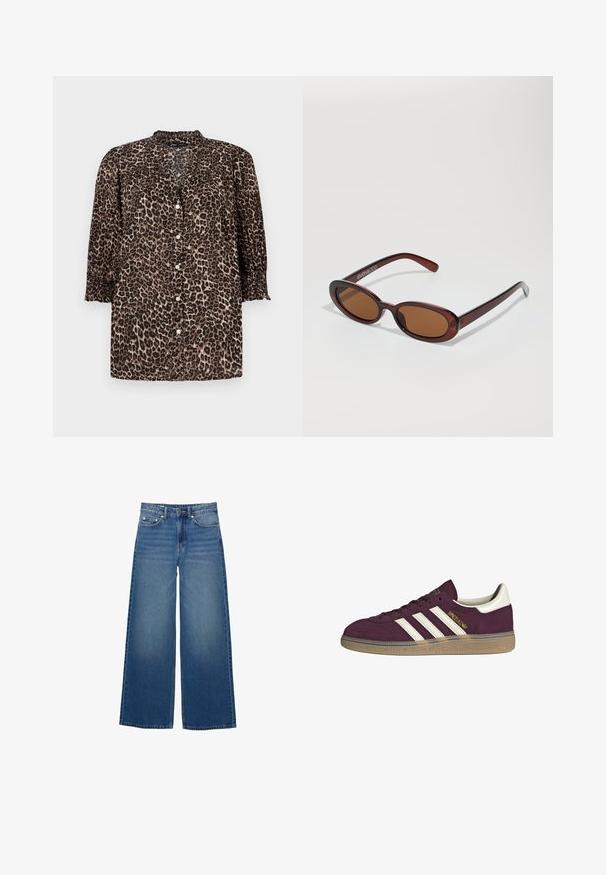 Leopard print shirt in brown and black tones, featuring a button-up front, ¾ sleeves with gathered details, and a round neckline.; Wide-leg blue jeans made of denim, featuring a high waist, stitched accents, and a simple design with a slight fade effect.; Maroon suede sneaker with white three stripes and beige accents. Features a textured rubber sole and gold branding on the side.; Round, brown-tinted sunglasses with a glossy burgundy frame. Slim arms with subtle branding detail. Flat lens design.; Brown woven leather handbag with a slouchy, triangular shape. Features a braided handle and a zipper closure along the top.