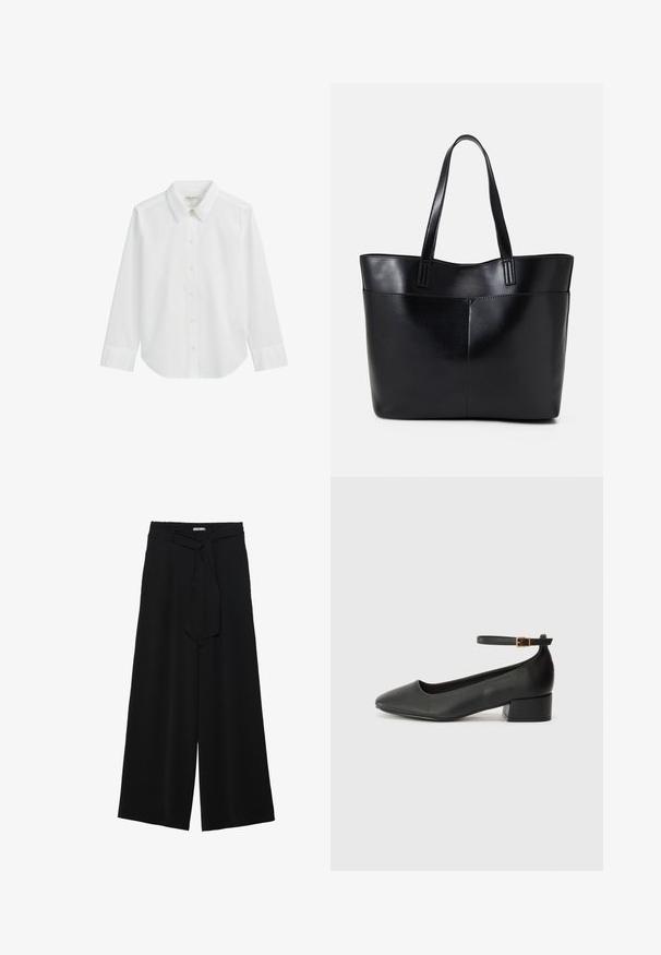 White long-sleeve button-up shirt made of cotton. Features a pointed collar, buttons down the front, and rounded hem at the bottom.; Black wide-leg pants featuring a textured fabric, an elastic waistband, and a detachable sash tie at the waist for adjustable fit.; Black leather pump with a pointed toe and a low block heel. Features an ankle strap with a gold-tone buckle. Smooth texture.; Black leather tote bag with two long handles, a smooth texture, and a structured shape. Features a front pocket for additional storage.