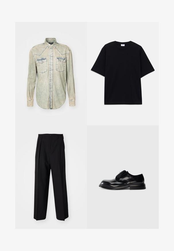 Lichtgekleurde denim blouse met lange mouwen, puntige kraag, twee borstzakken en contrasterende stiksels langs de naden en randen.; Zwarte oversized T-shirt met korte mouwen en ronde hals, met zichtbaar Filippa K merkelabel aan de binnenkant van de kraag.; Zwarte geplooide broeken met een rechte, brede pijpontwerp. Gemaakt van soepele stof, met een knoopsluiting en riemlussen.; Zwarte leren nette schoen met een ronde neus, gladde afwerking, vetersluiting en een gestapelde hak. Minimalistische stijl zonder zichtbare logo's.