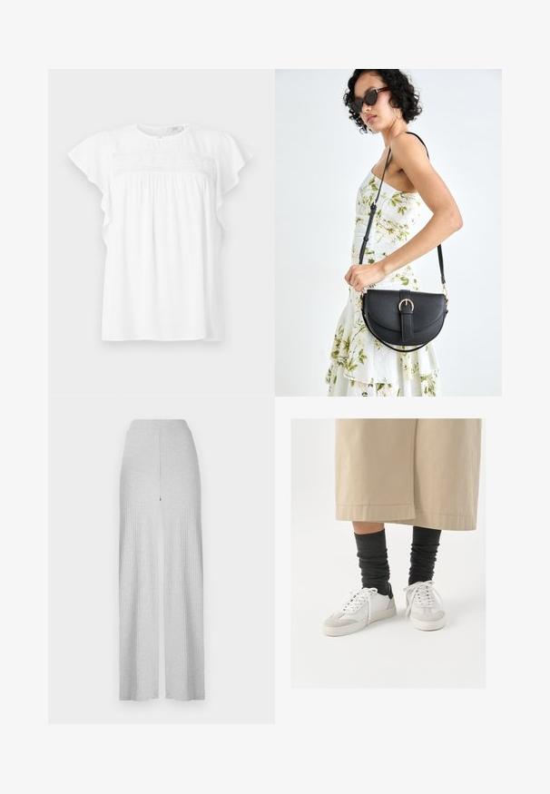 Top alb cu manșon scurt, decolteu rotund, cu puncte texturate, mâneci ondulate și detaliu adunat pe piept.; Pantaloni largi drepți gri deschis, cu un talie înaltă și o deschidere frontală. Fabricat dintr-un material moale cu o textură fină.; Adidași albi și gri cu un accent negru la toc, având un superior din piele netedă și vârful din suede texturat. Purtați cu șosete gri închise, lejere.; Geantă din piele neagră, cu o formă curbată, curea detașabilă și accesorii aurii. Geanta are un capac cu un detaliu tip cataramă.