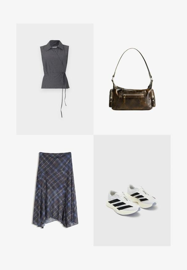 Weekday ABY WRAP - Bluză - black; Fustă în carouri negre cu linii albastre și maro, cu un design fluid, de lungime medie, realizată dintr-un material ușor cu o textură netedă.; Încălțăminte sport albă cu dungi negre și branding, având un guler din plasă, vârf rotund și o talpă groasă de crem pentru amortizare.; Geantă din piele maro cu o formă curbată, accesorii din argint și două buzunare cu fermoar în față. Include o curea de umăr ajustabilă.