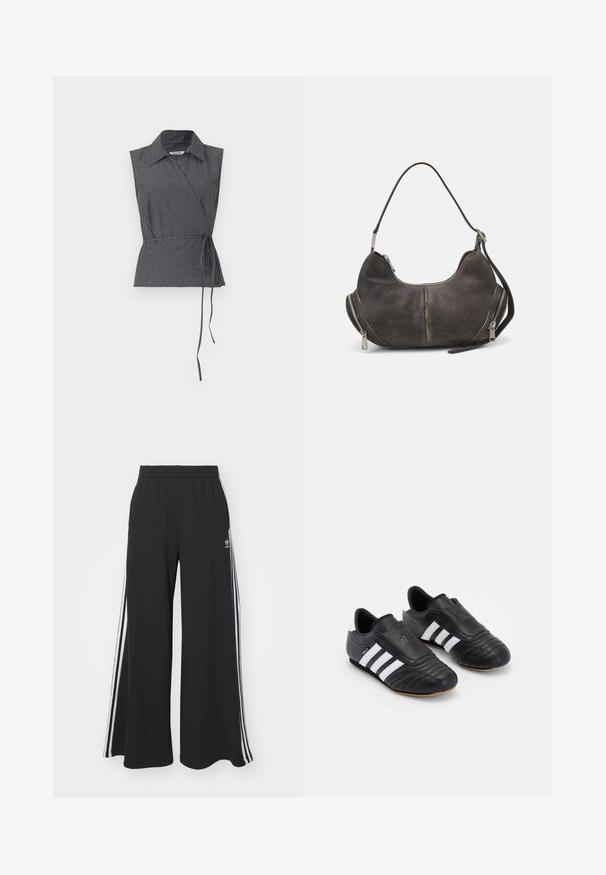 Weekday ABY WRAP - Blouse - black; Black ribbed cropped top with a round neckline and sleeveless design. Made from a stretchy, textured fabric. Label reads "Urban Classics."; Black wide-leg sweatpants with an elastic waistband, featuring white side stripes and an embroidered logo on the left thigh.; Black soccer shoes with a textured leather upper, featuring a padded front, three white stripes on the sides, and a gum rubber outsole.; Hobo bag in dark gray suede with curved shape, top handle, and side zippers with metal pulls. Smooth texture and visible stitching details.
