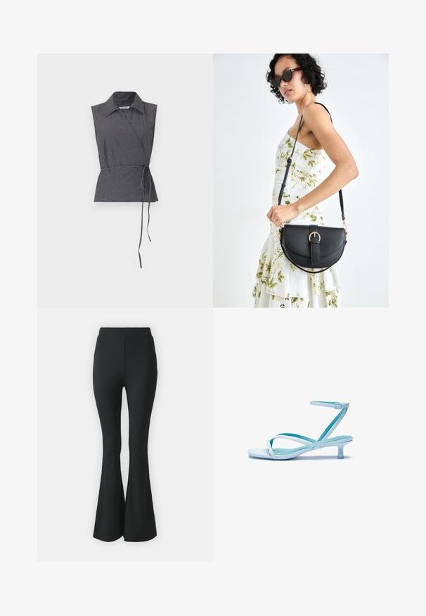 Weekday ABY WRAP - Blouse - black; Black flared trousers made from stretchy fabric. Features a high waistband and a smooth, fitted design that flares from the knee downward.; Light blue strappy sandal with a square toe, low heel, adjustable ankle strap, and smooth, glossy finish. Crossed straps on the footbed.; Black leather handbag with a curved shape, detachable strap, and gold hardware. The bag features a flap with a buckle detail.