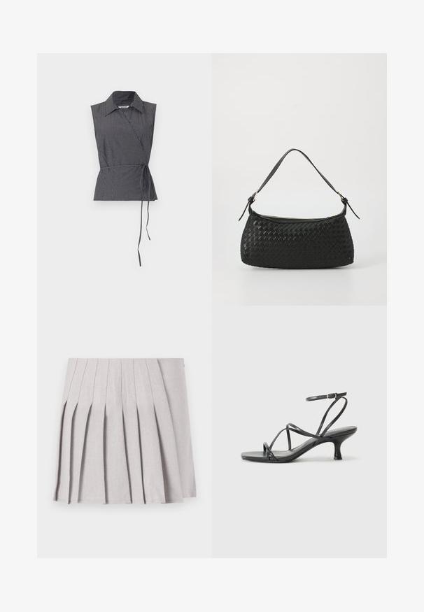 Weekday ABY WRAP - Blouse - black; Gray pleated skirt with a smooth texture, featuring multiple vertical folds and a fitted waistline. Made from lightweight fabric.; Black heeled sandals with thin straps, open toe design, and a small, flared heel. The material appears smooth and glossy.; Black woven shoulder bag with a smooth leather strap and zipper closure. Features a textured surface and curved shape.