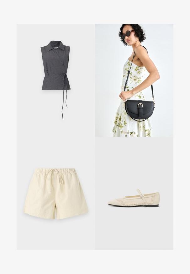 Weekday ABY WRAP - Pluus - black; Beež elastne vööga lühikesed püksid, millel on pael, omavad lõdva istuvust ja siledat tekstuuri. Ei sisalda nähtavaid taskuid ega mustreid.; Beesidised baleriinid terava ninaga, silmahaste disainiga ülevõime ja külgklambriga. Tasane tald sujuva tekstuuriga.; Mustmust mustraha kõverate joontega, eemaldatava rihmaga ja kuldsete detailidega. Kotil on klapp, millel on pandladetail.