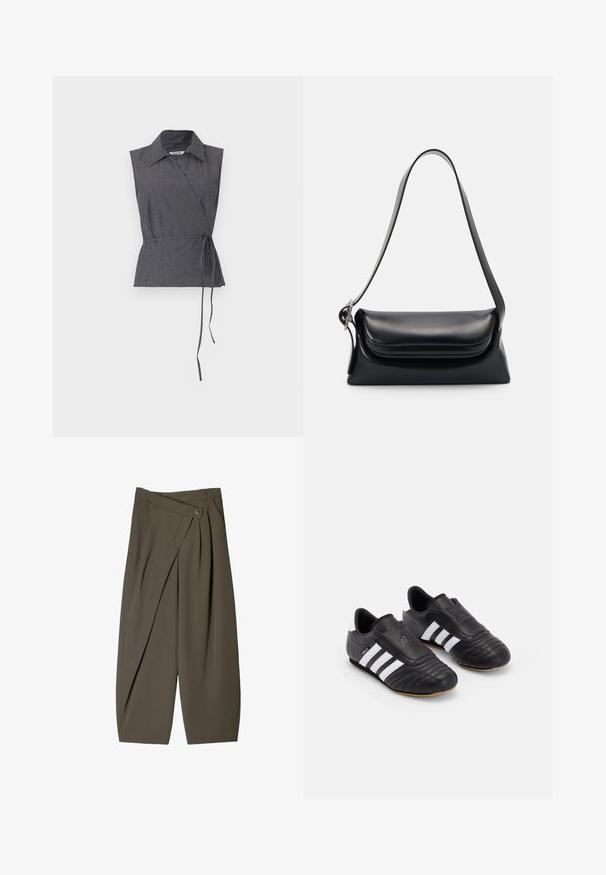 Weekday ABY WRAP - Blůza - black; Široké kalhoty z tmavě olivově zelené látky, s plisovaným předním designem, knoflíkovým uzávěrem a lesklým, strukturovaným povrchem.; Černé fotbalové boty s texturovaným koženým svrškem, vybavené polstrovanou špičkou, třemi bílými pruhy po stranách a gumovou podrážkou.; Černá kožená kabelka se strukturovaným tvarem, hladkým povrchem a jedním ramenním popruhem. Obsahuje jemně zaoblený design klopy.