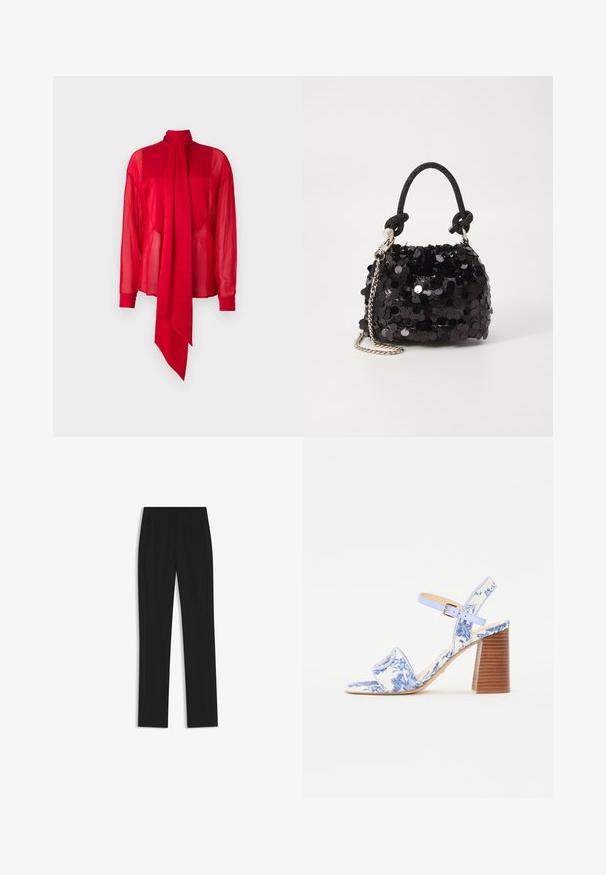 Punainen, läpikuultava paita korkealla kauluksella ja pitkillä hihoilla. Edessä on näyttävä, roikkuva solmuke ja istuvat hihansuut.; Mustat räätälöidyt housut suoran lahkeen designilla, joissa on etutaskut ja sileä, teksturoitu kangas. Siistit, minimalistiset yksityiskohdat.; Sininen kukallinen sandaali, jossa on neliön muotoinen kärki, leveä hihna ja säädettävä nilkkahihna, jossa on teksturoitu puukorko.; Mustan paljetti-minilaukku, jossa on solmittu teksturoidu hihna ja hopeaketju. Pyöreä muoto, joissa on rypistetty yläosa ja heijastava yksityiskohta.