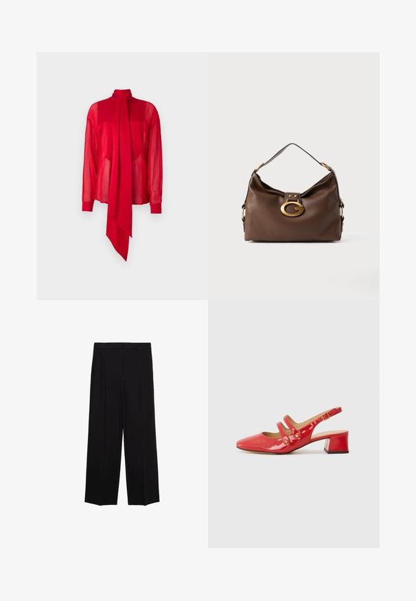 Rød, gennemsigtig bluse med høj hals og lange ærmer. Har en fremtrædende, draperet sløjfedetalje foran og tætsiddende manchetter.; Sorte brede bukser med en glat stof, der har folder foran og sidelommer, designet med en lige, afslappet pasform.; Rød patentlæder slingback sko med spids tå, to stropdesign med cirkulære accenter og en lav blockhæl.; Brun lædertaske med struktureret finish, der har en guldfarvet lås og en enkelt, buet skulderrem.